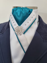 Load image into Gallery viewer, ERA SOPHIE STOCK TIE - White &amp; Teal satin with teal &amp; silver satin piping, crystals and silver brooch
