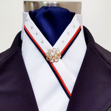 Load image into Gallery viewer, ERA SOPHIE STOCKTIE - White &amp; navy with red &amp; navy piping, Swarovski crystals and brooch
