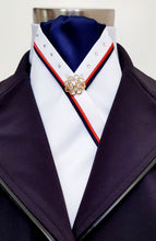 Load image into Gallery viewer, ERA SOPHIE STOCKTIE - White &amp; navy with red &amp; navy piping, Swarovski crystals and brooch
