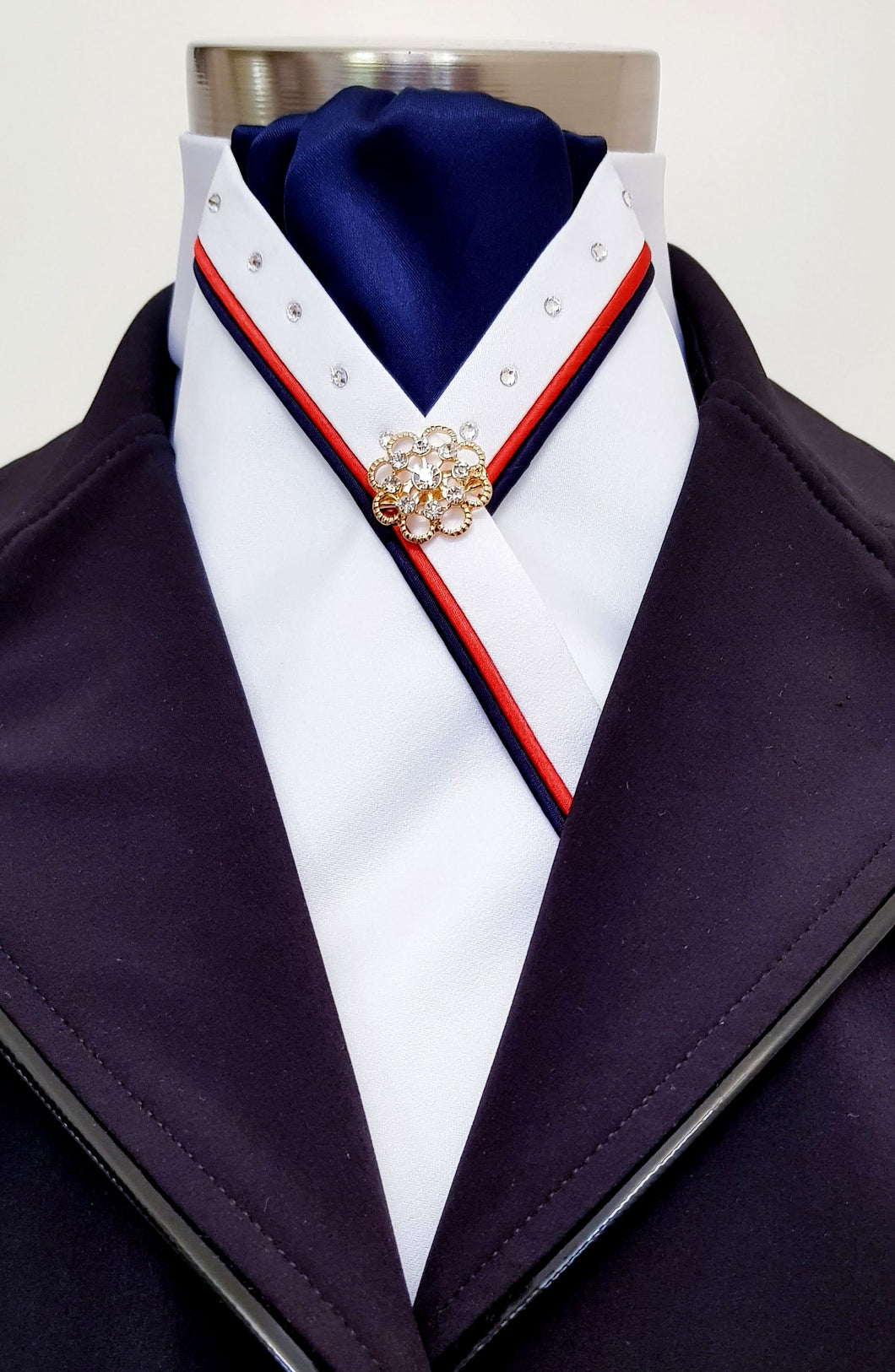 ERA SOPHIE STOCKTIE - White & navy with red & navy piping, Swarovski crystals and brooch