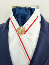 Load image into Gallery viewer, ERA SOPHIE STOCKTIE - White &amp; navy with red &amp; white piping, Swarovski crystals and brooch

