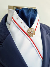 Load image into Gallery viewer, ERA SOPHIE STOCKTIE - White &amp; navy with red &amp; white piping, Swarovski crystals and brooch

