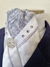 Load image into Gallery viewer, SOPHIE STOCK TIE - White Lustre Satin with silver lace brocade, silver satin piping, crystals &amp; silver brooch
