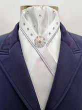 Load image into Gallery viewer, ERA SOPHIE STOCK TIE - White Lustre Satin with silver satin piping, crystals &amp; silver brooch
