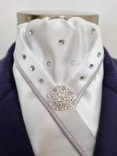 Load image into Gallery viewer, ERA SOPHIE STOCK TIE - White Lustre Satin with silver satin piping, crystals &amp; silver brooch
