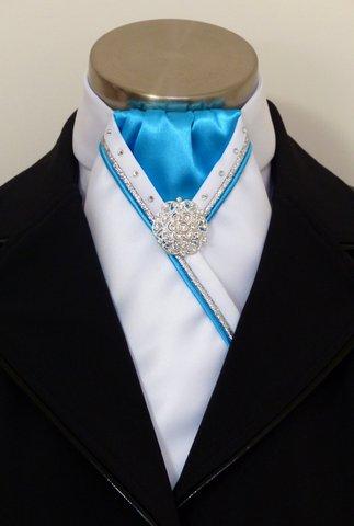 ERA SOPHIE STOCKTIE - White & Turquoise with silver & turquoise piping, crystals and silver brooch