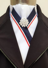 Load image into Gallery viewer, ERA ZARA STOCK TIE - White satin with red, navy or black trim and brooch
