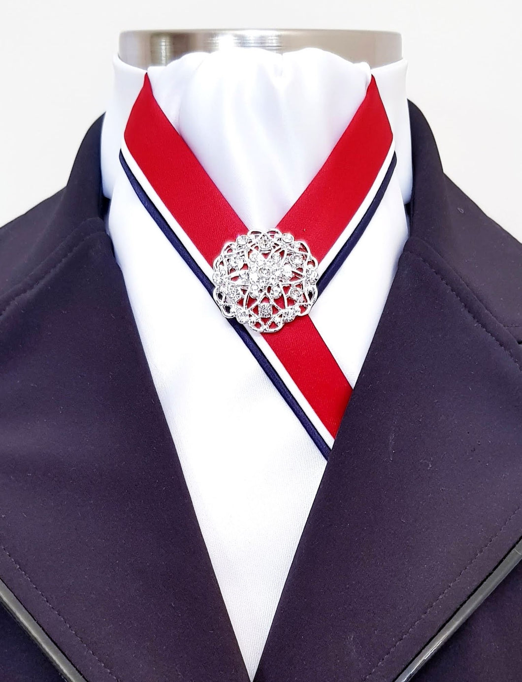 ERA ZARA STOCK TIE - White satin with red, navy or black trim and brooch