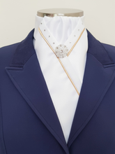 Load image into Gallery viewer, ERA SOPHIE STOCK TIE - White satin with gold piping, Crystals &amp; brooch
