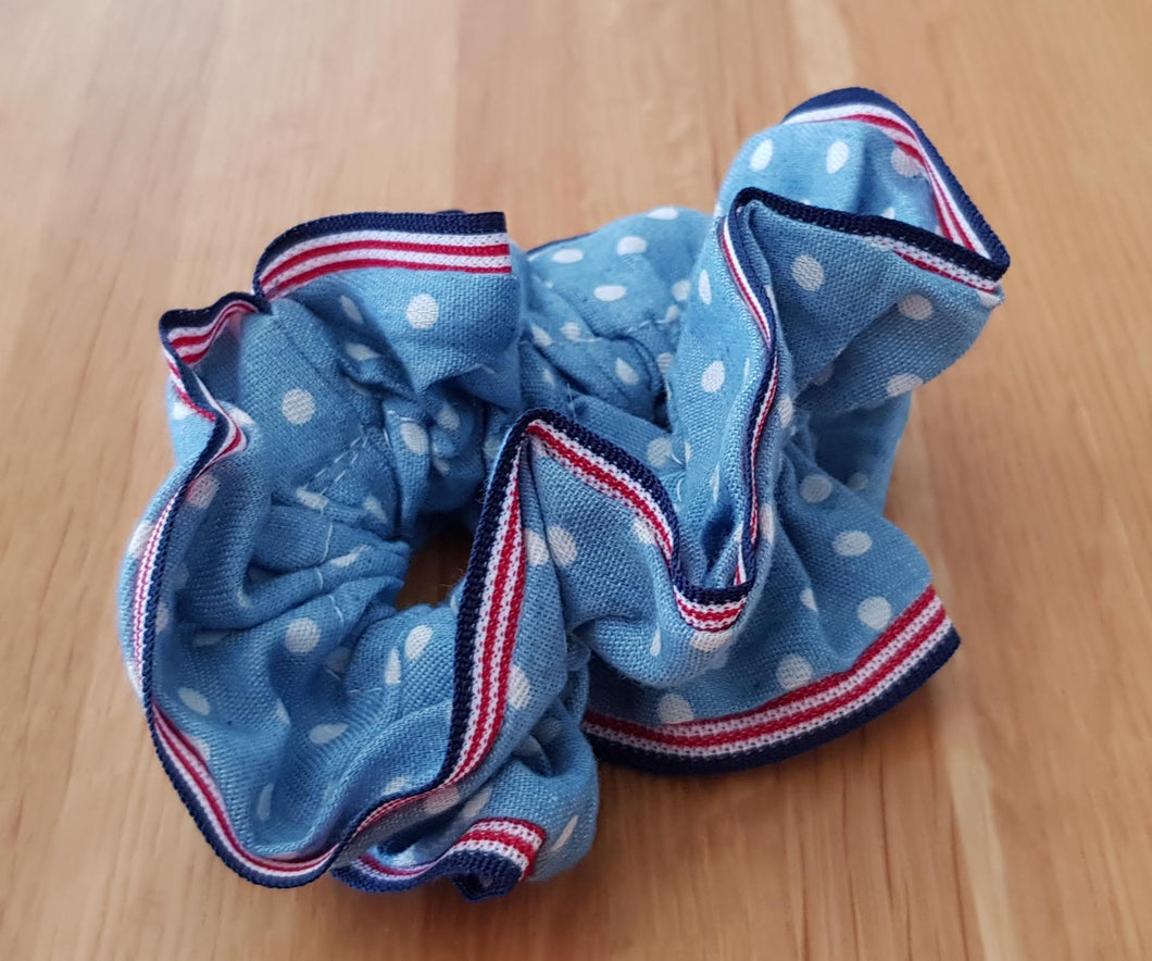 BILLY Hair Scrunchie  Pale blue with polka dots and red trim