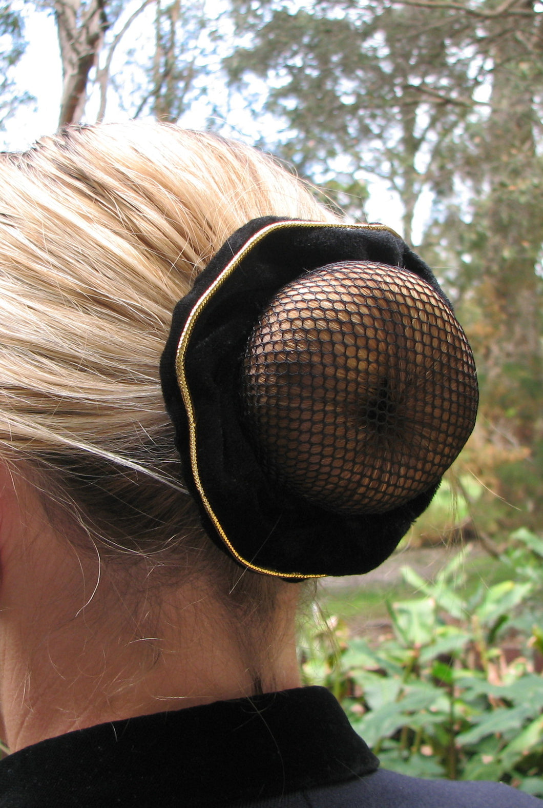 LARISSA Hair scrunchie – Black velvet with gold piping – Free postage in Australia
