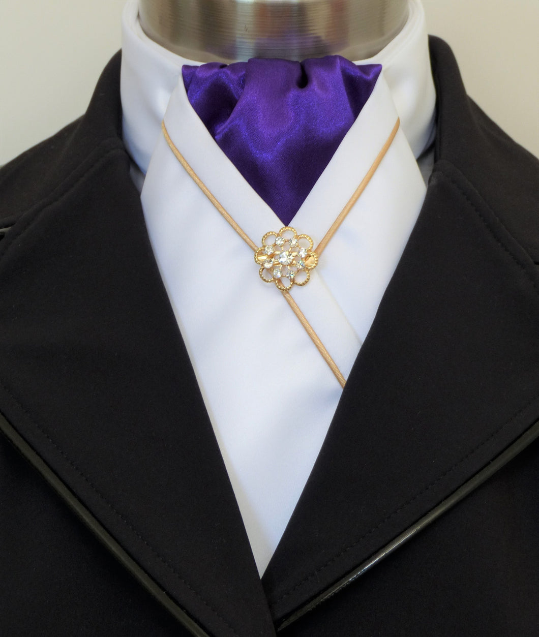 ERA KATE STOCK TIE - White satin, purple, gold satin piping and brooch